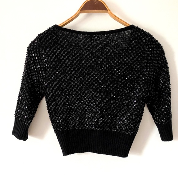 Vintage Beaded and Sequined Cardigan Sweater, Black Satin Buttons, Size Large L - Picture 5 of 10